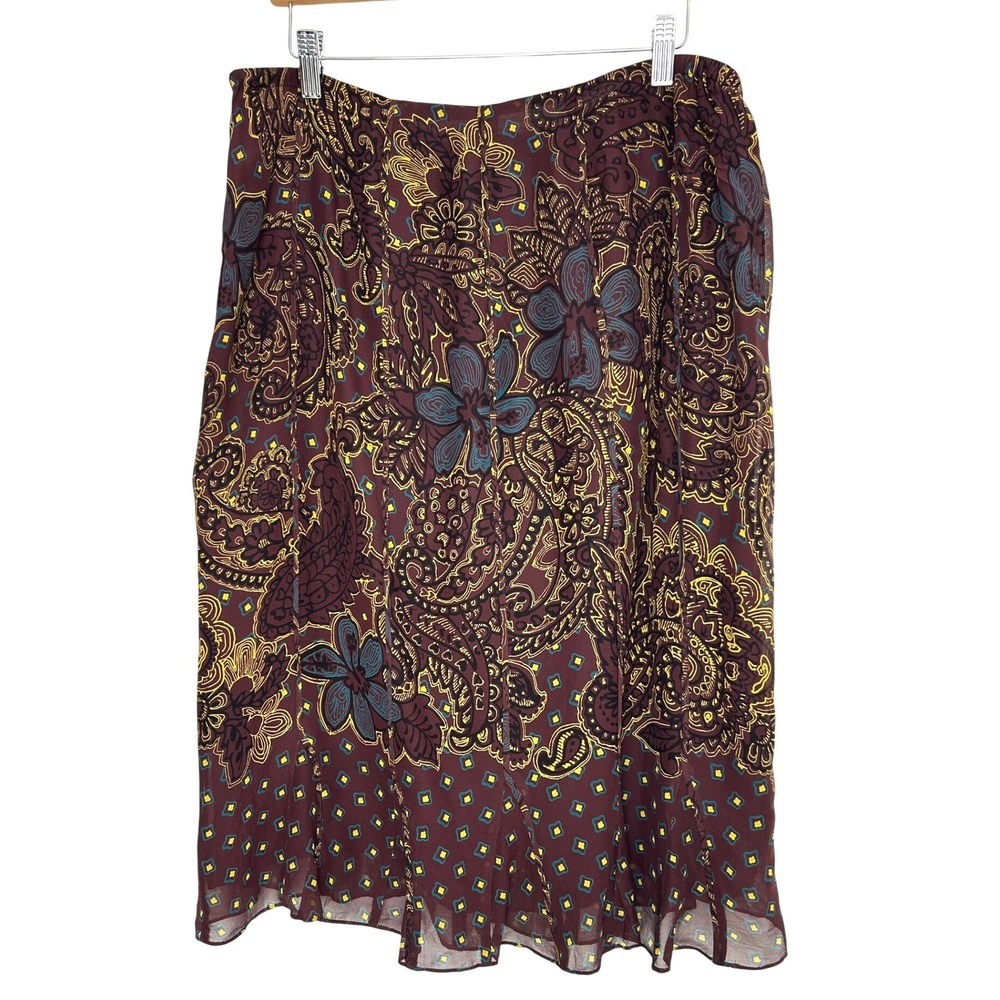 Jones New York Skirt Women 16W Brown Silk Paisley Floral Midi Bohemian Career